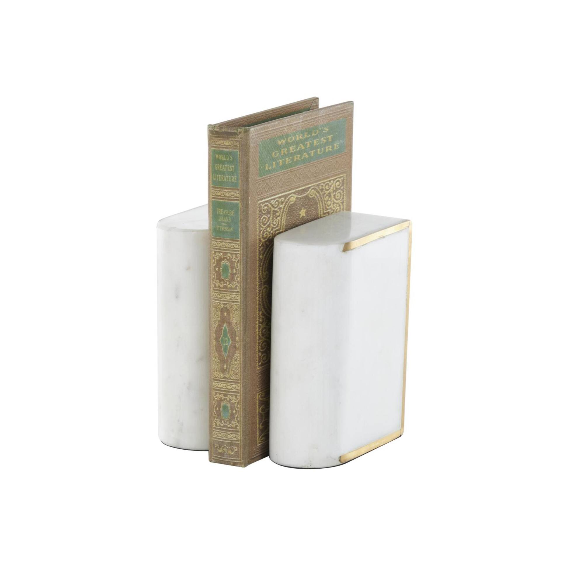 White Marble Curved Rectangular Decorative Bookends with Gold Accents Set